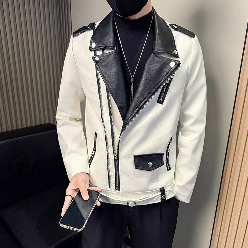 社会小伙男士短款演出服秋冬新款西装领机车皮夹克S号XS小码外套