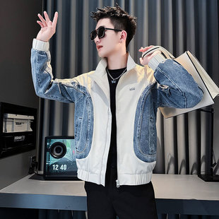 春秋小码牛仔拼接百搭立领外套S号XS款矮个子男装上衣痞帅气夹克