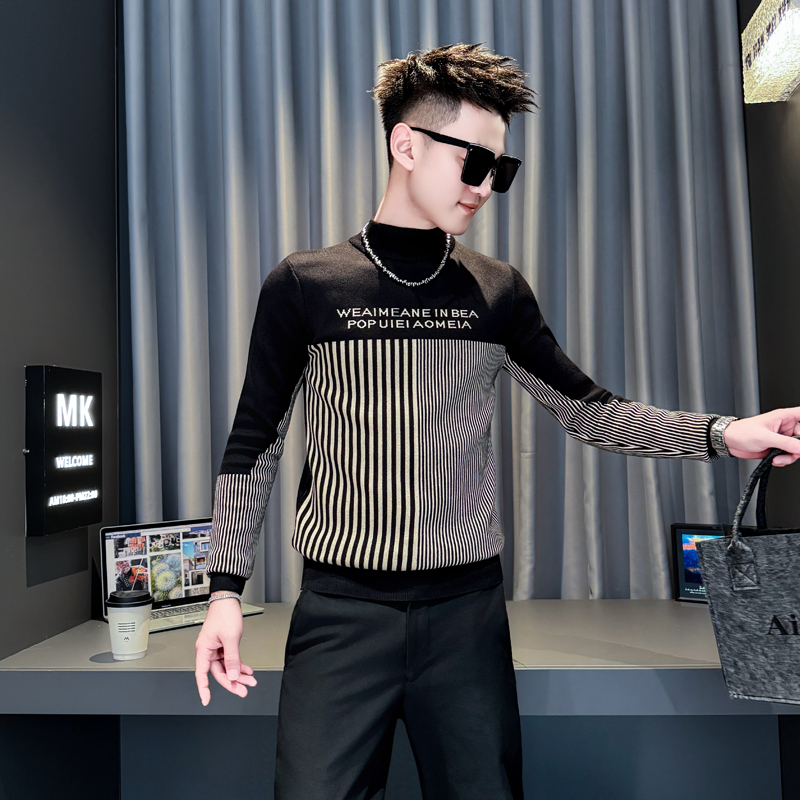 XS155小码男装秋冬条纹针织衫矮个子S号XS修身毛衣时尚打底衫