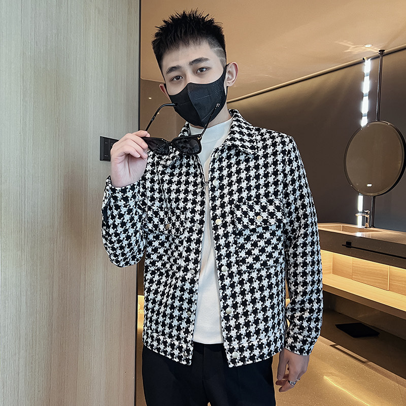 春秋季新款小码韩版XS号修身时尚夹克155休闲青年男装千鸟格外套