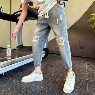 男装 潮牌九分裤 社会小伙2025夏季 破洞牛仔裤 矮小个26号27码 XS小码
