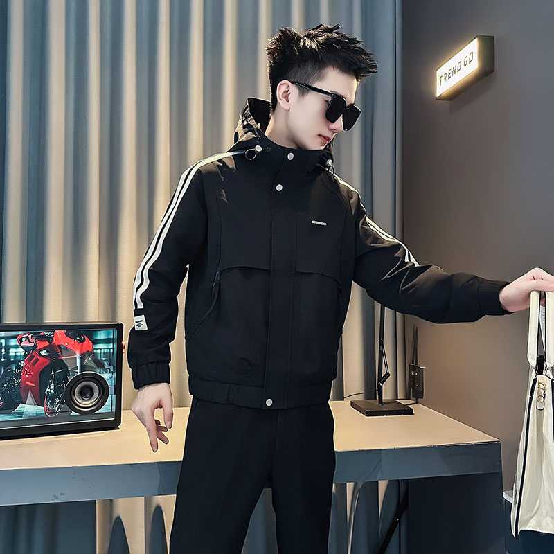 秋季青年S小版男装工装连帽夹克155时尚百搭XS矮小个子条纹外套潮