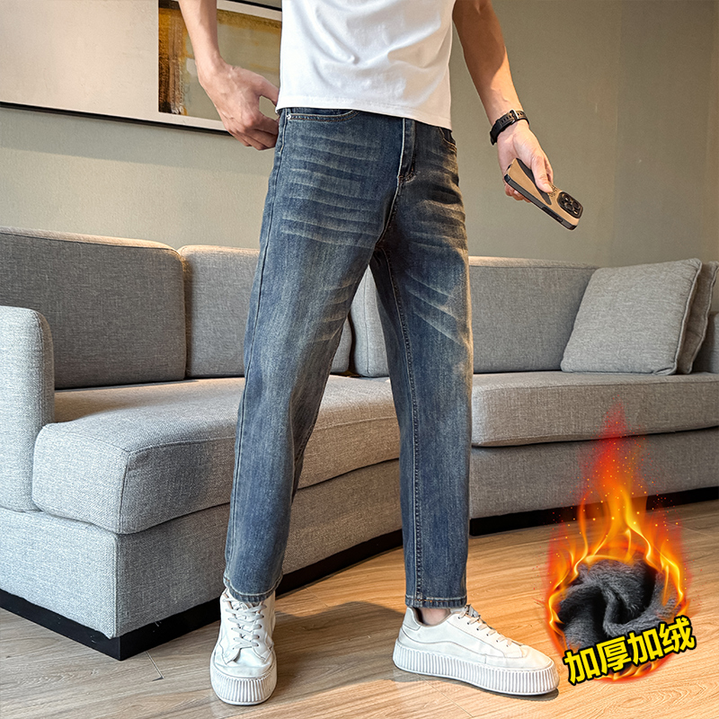 155小码男装矮小个子XS潮牌加绒加厚九分牛仔裤宽松直筒S休闲长裤