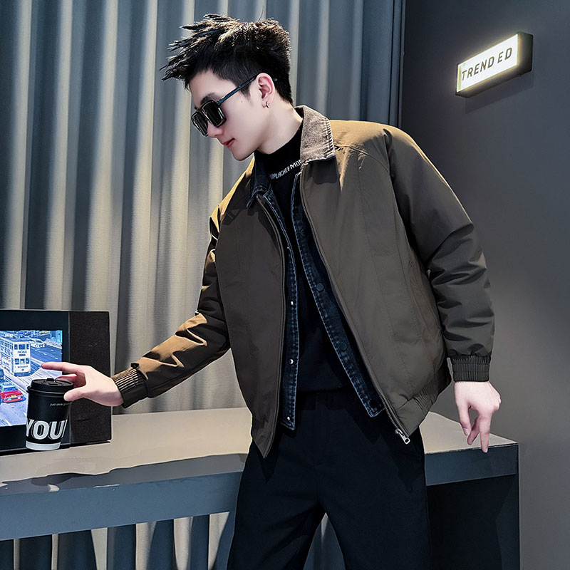 小码男装潮牌牛仔拼接棉袄矮小个子S号XS棉服小伙假两件棉衣外套