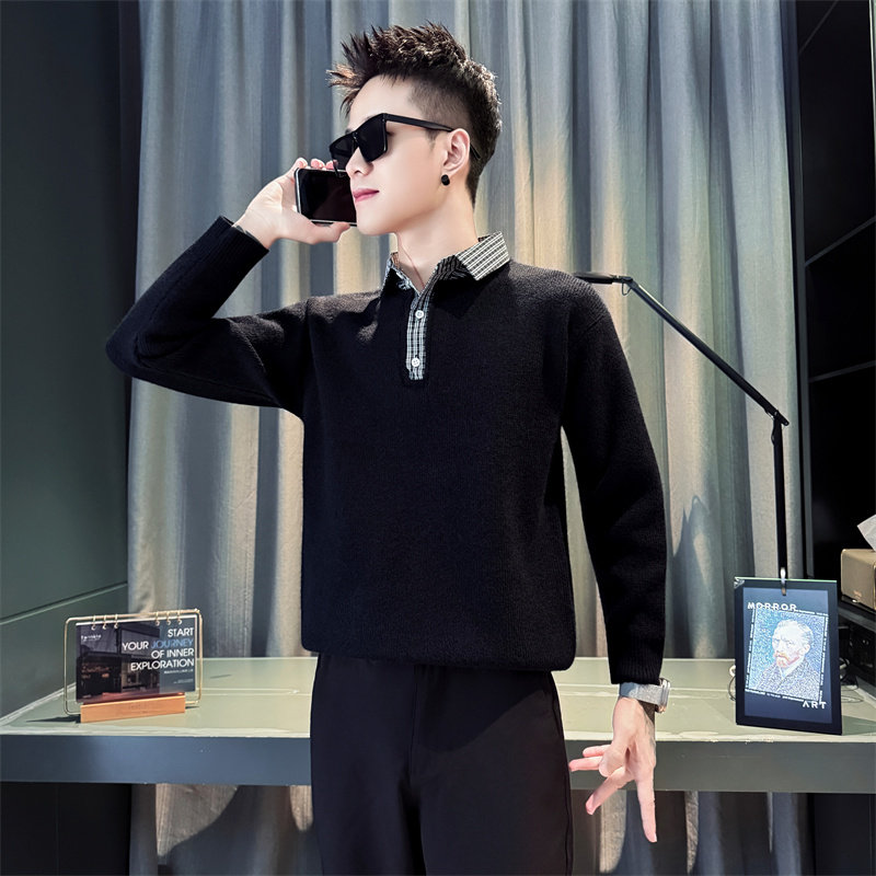 小码男装秋冬新款S号XS码加绒保暖毛衣痞帅假两件拼接衬衫领线衣