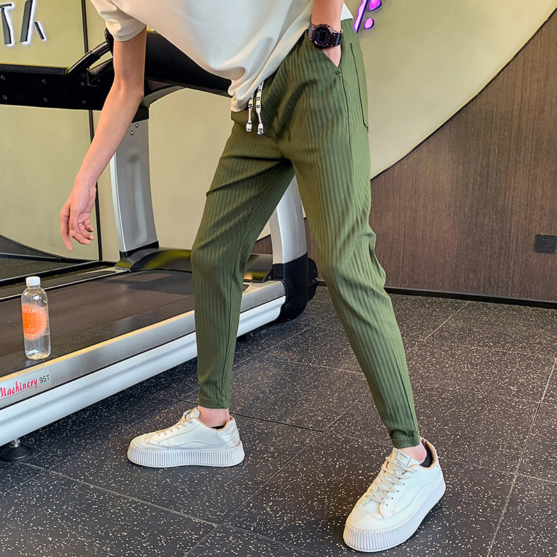 les夏季修身小脚休闲裤提花小脚长裤男社会小伙26号27小码九分裤