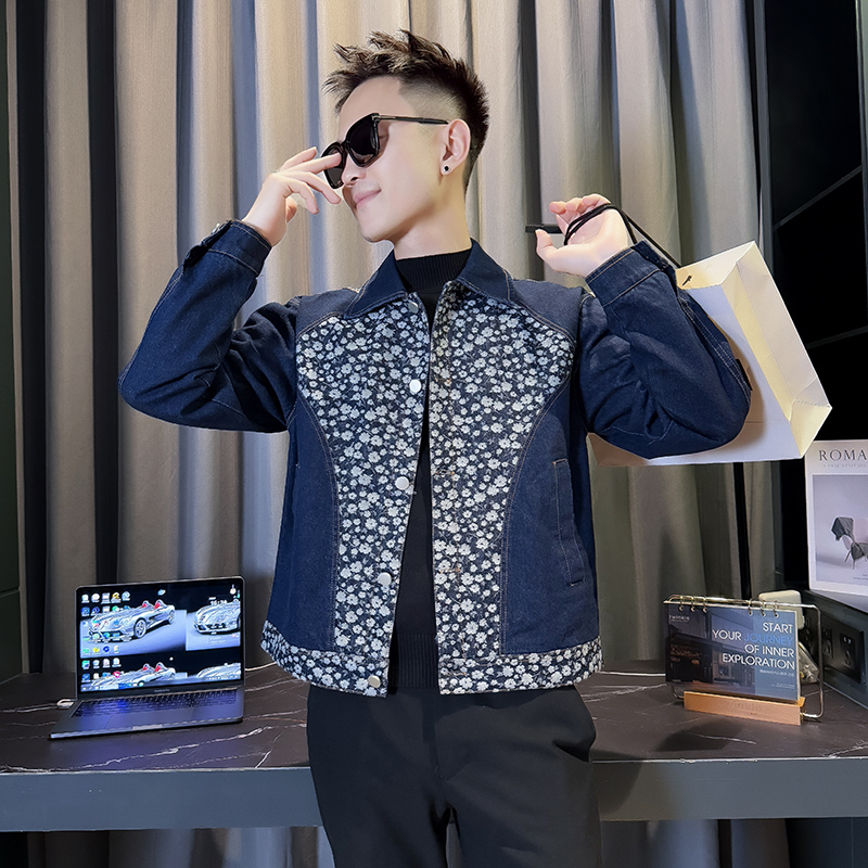 小码男装韩版翻领水洗牛仔花布拼接工装夹克155矮小个S号XS码外套