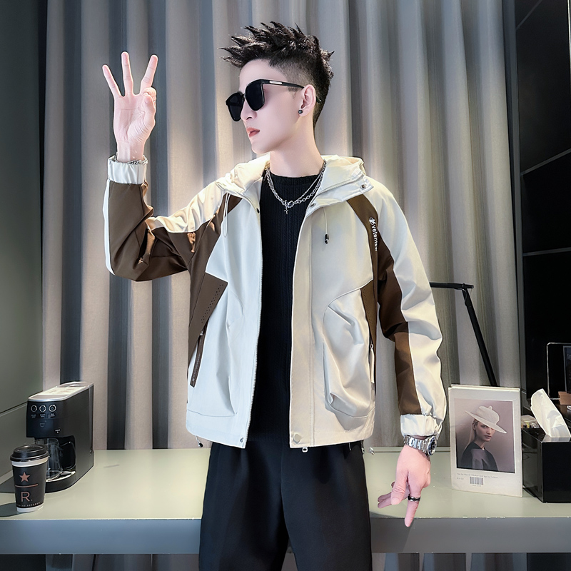韩版拼接XS连帽冲锋衣外套小个子160青年S时尚小码男装潮男夹克