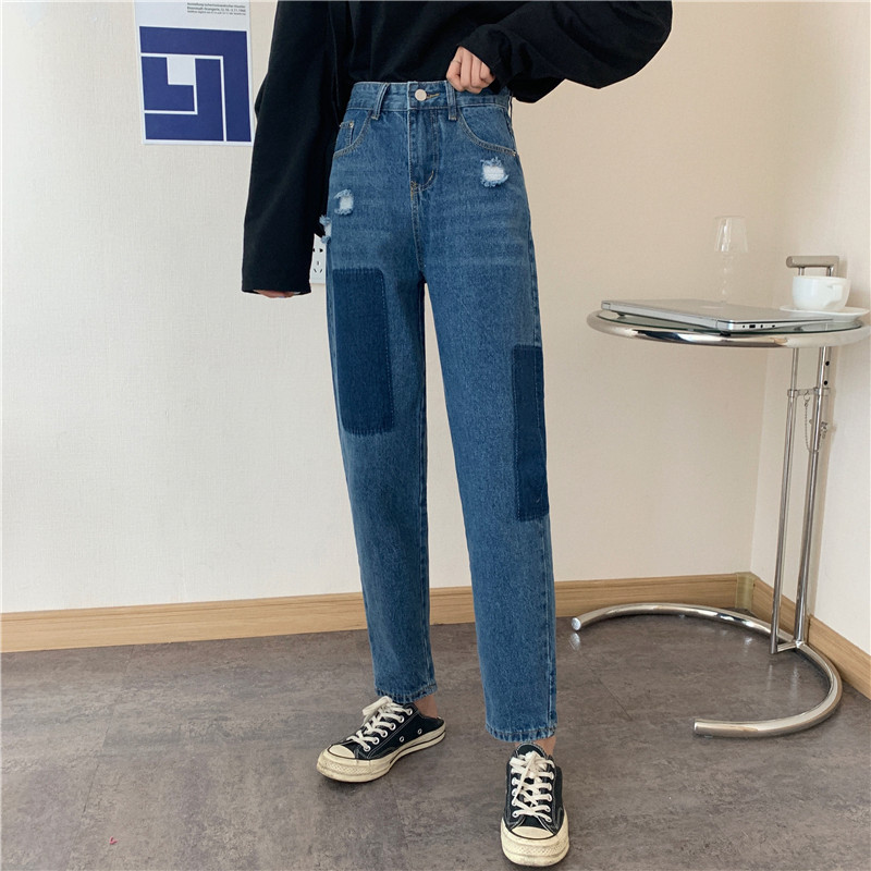 Real shot ~ autumn high waist thin radish daddy pants stitching 9-point curled straight tube jeans Harun pants woman