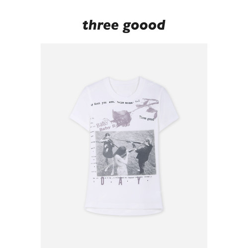 THREE GOOOD殷三吉 正肩修身T恤 小众美式艺术感人物玫瑰印花短袖
