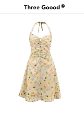 THREE GOOOD殷三吉OD夏日明媚印花系带挂脖荷叶边连衣裙SQ230337