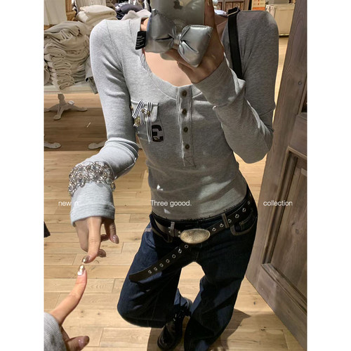 三吉圆领长袖上衣口袋设T恤女