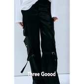 THREE 皮裤 GOOOD殷三吉D 无烟墨色高腰宽松显瘦直筒辣妹风工装