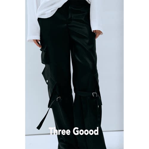 THREE GOOOD殷三吉D 无烟墨色高腰宽松显瘦直筒辣妹风工装皮裤