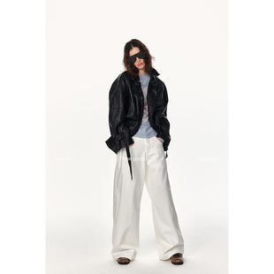 腰头搭袢古铜扣前中分割休闲牛仔裤 THREE GOOOD殷三吉