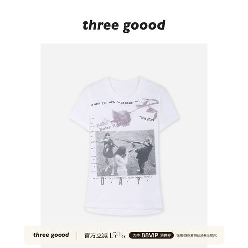 THREE GOOOD殷三吉 正肩修身T恤 小众美式艺术感人物玫瑰印花短袖