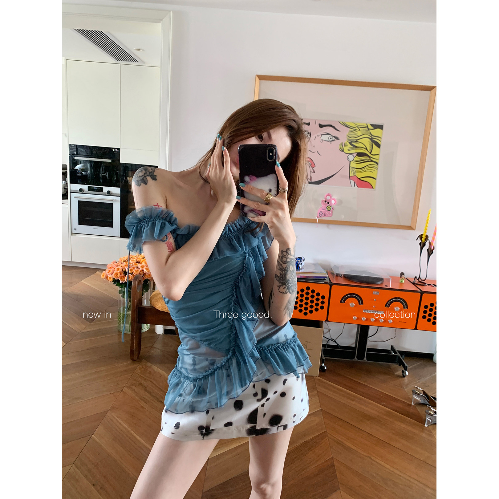 THREE GOOOD殷三吉 荷叶边斜肩上衣收腰显瘦系带吊带T恤时尚女款