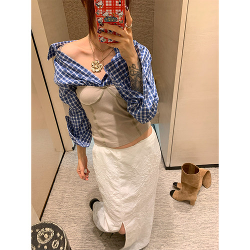 THREE GOOOD殷三吉 【不止与型】面料压皱半身裙+蓝色衬衫套装女