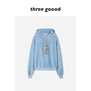 THREE 绒感宽松连帽套头印花卫衣女加厚休闲 GOOOD殷三吉蓝莓酒糖