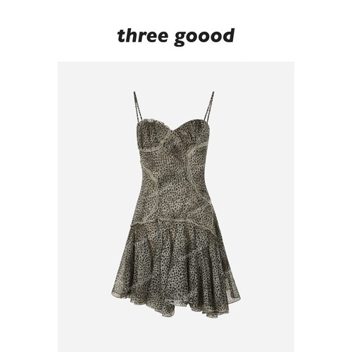 THREEGOOOD豹纹雪纺吊带连衣裙