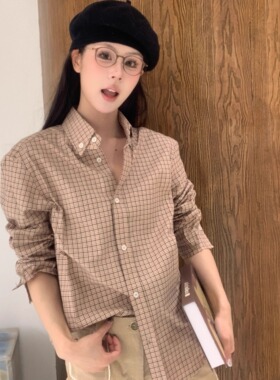 THREE GOOOD殷三吉 气质休闲复古千鸟格卡其格子衬衫女2025春季新