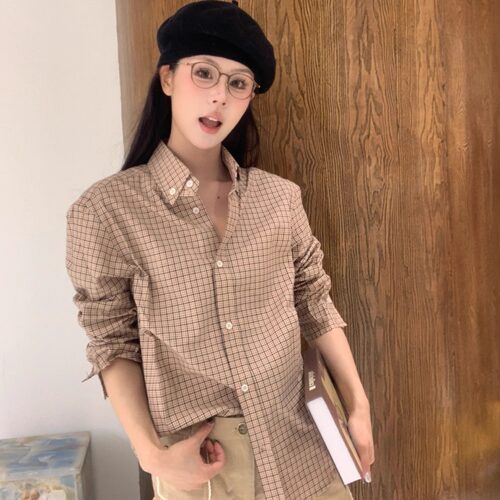 THREE GOOOD殷三吉 气质休闲复古千鸟格卡其格子衬衫女2025春季新