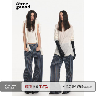 显瘦长裤 THREE 复古牛仔直筒阔腿裤 做旧蓝灰条纹 GOOOD殷三吉