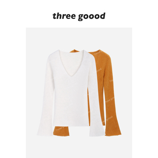 显瘦针织上衣女冬季 V领羊毛羊绒打底衫 内搭 GOOOD殷三吉 THREE