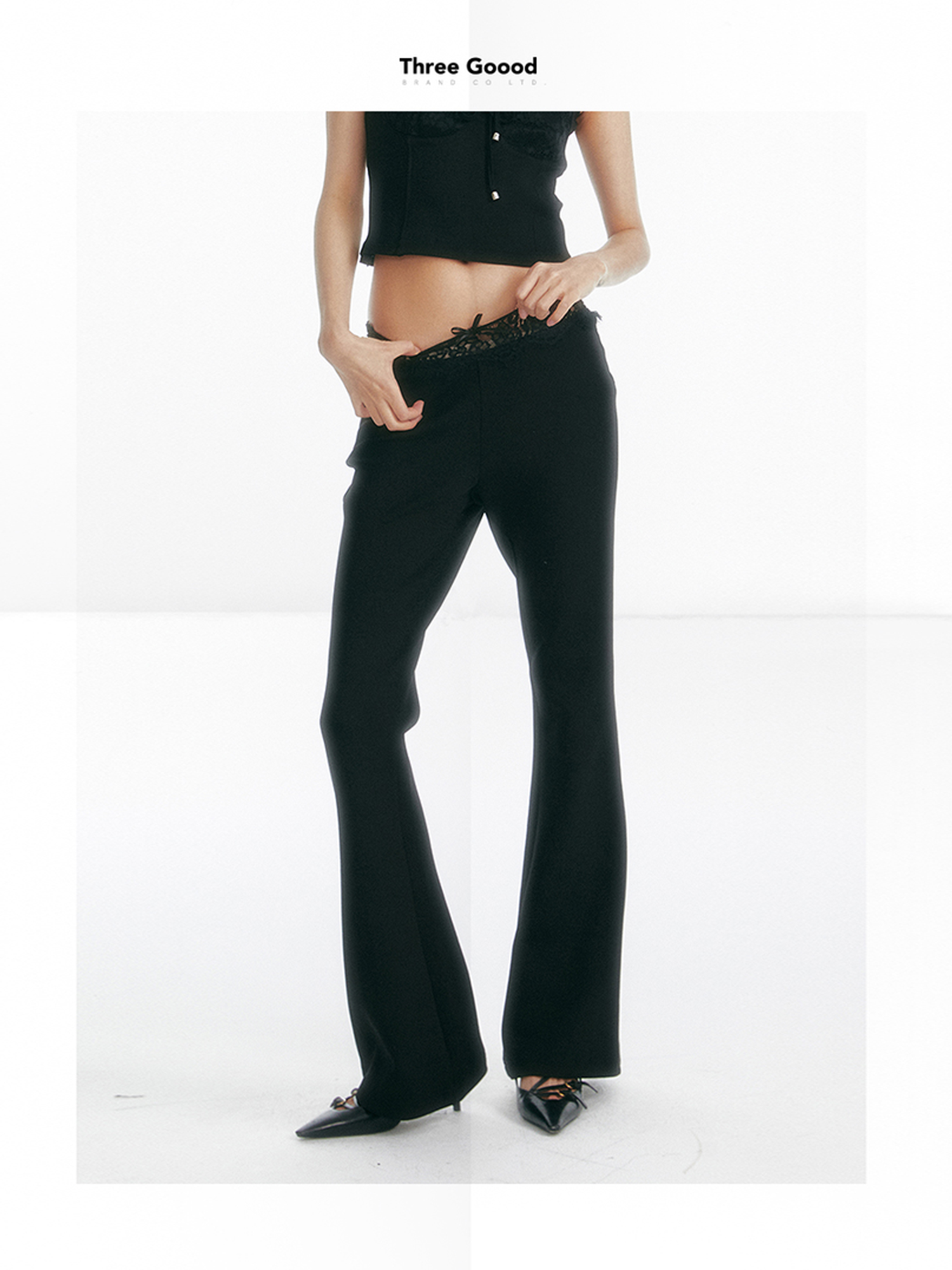 THREEGOOOD/三吉蕾丝拼接喇叭裤