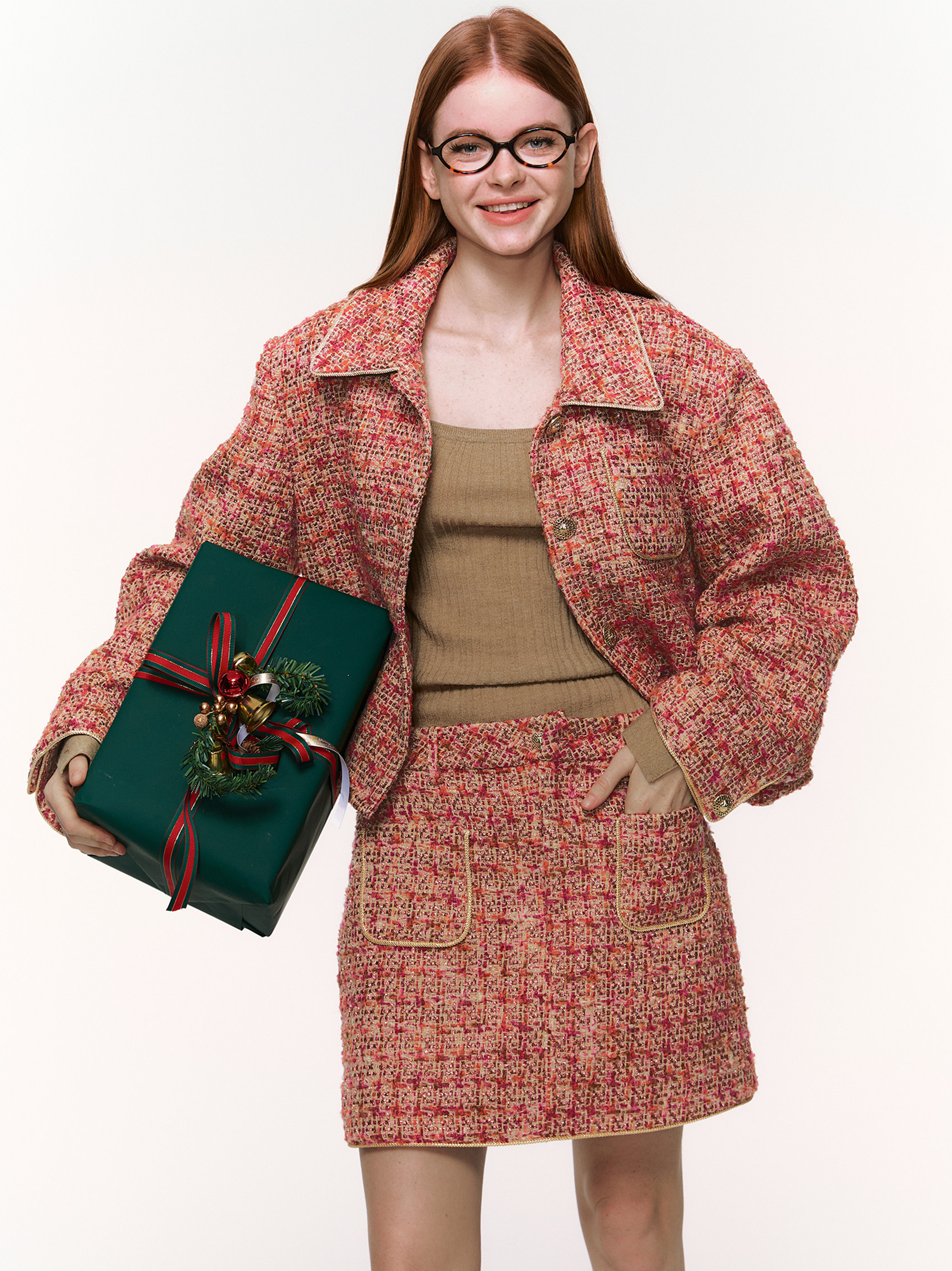 THREE GOOOD殷三吉 霜叶红梅甜美气质优雅风红色小香外套SW230892