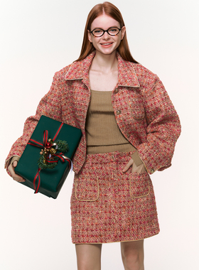 THREE GOOOD殷三吉 霜叶红梅甜美气质优雅风红色小香外套SW230892