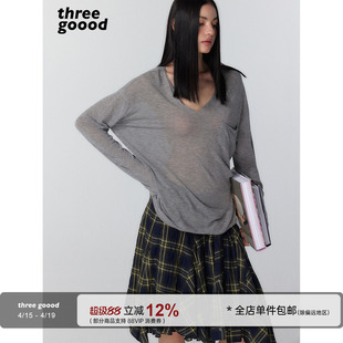 THREE GOOOD殷三吉 微透肌理感莱赛尔亚麻V领长袖罩衫 通勤松弛感
