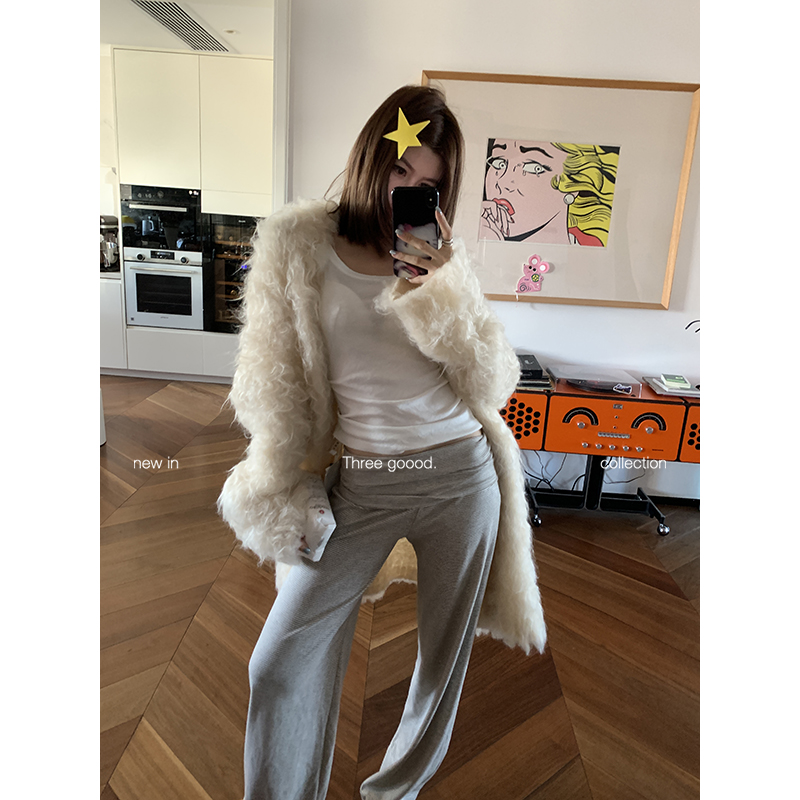 THREEGOOOD奶茶针织条纹超模裤