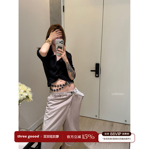 THREE GOOOD殷三吉 斜扣翻领解构露肩长袖上衣女黑色百搭短款开衫