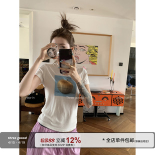 THREE GOOOD殷三吉夏日清爽 莱赛尔亚麻创意苹果印花T恤 通勤舒适