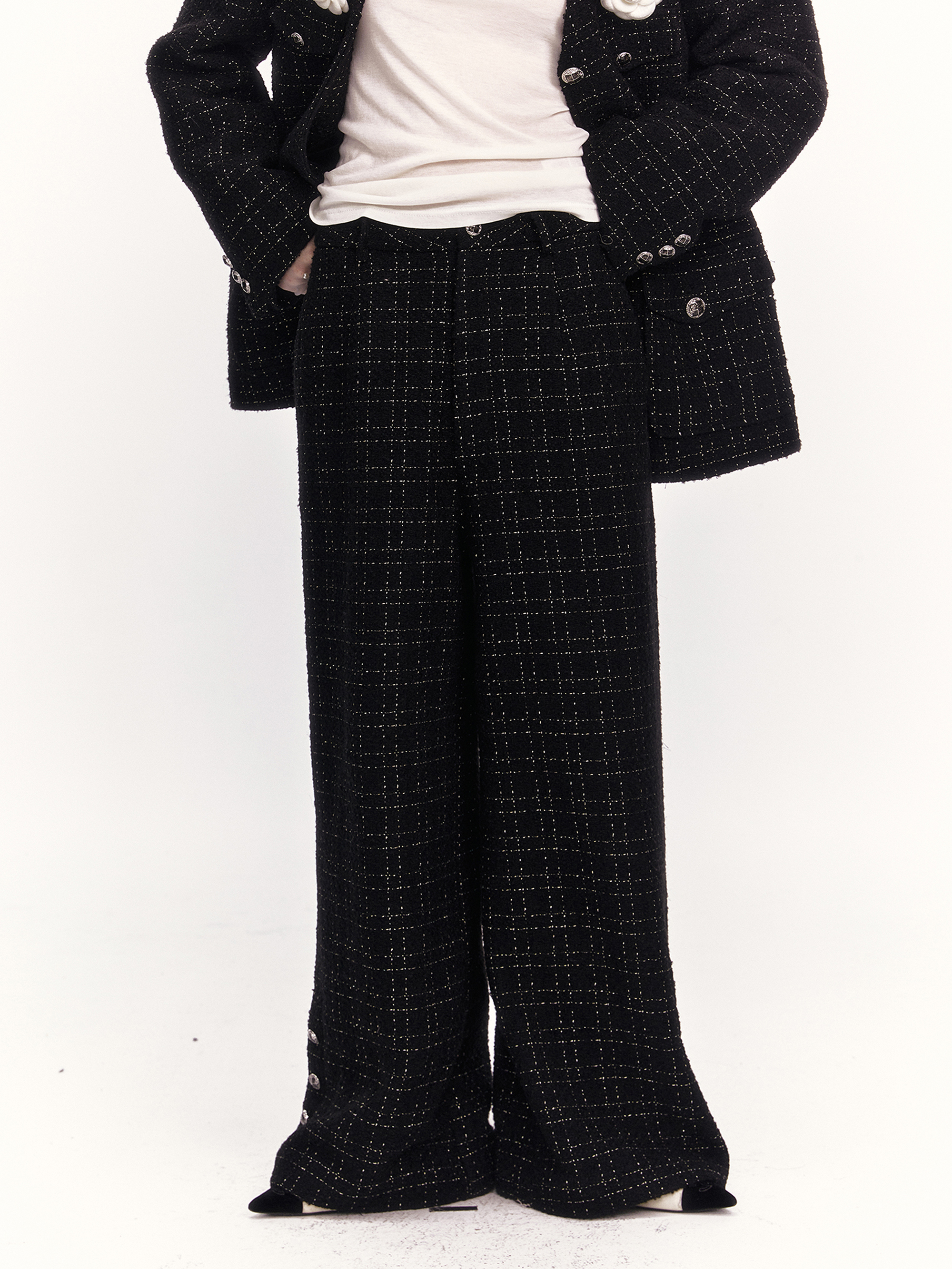 THREE GOOOD殷三吉D黑桃流金细腻优雅气质款小香风阔腿裤SK231036