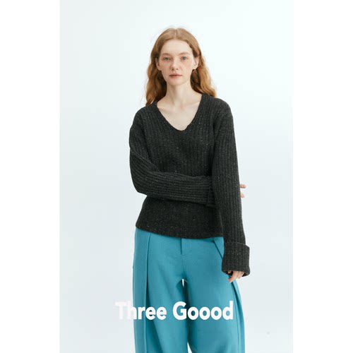 THREE GOOOD殷三吉D星河探险小众感精致露背V领针织毛衣 ZZ230044