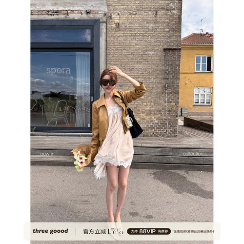 THREE GOOOD殷三吉法式温柔风蕾丝花边抹胸A字裙高级感无袖吊带裙