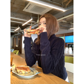 THREE 短款 GOOOD殷三吉 100%绵羊毛翻领麻花针织拉链开衫