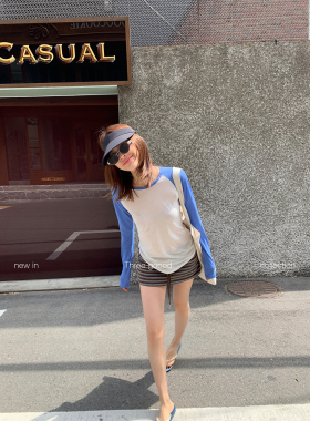 THREE GOOOD殷三吉 美式复古拼色插肩袖T恤宽松休闲薄款长袖上衣