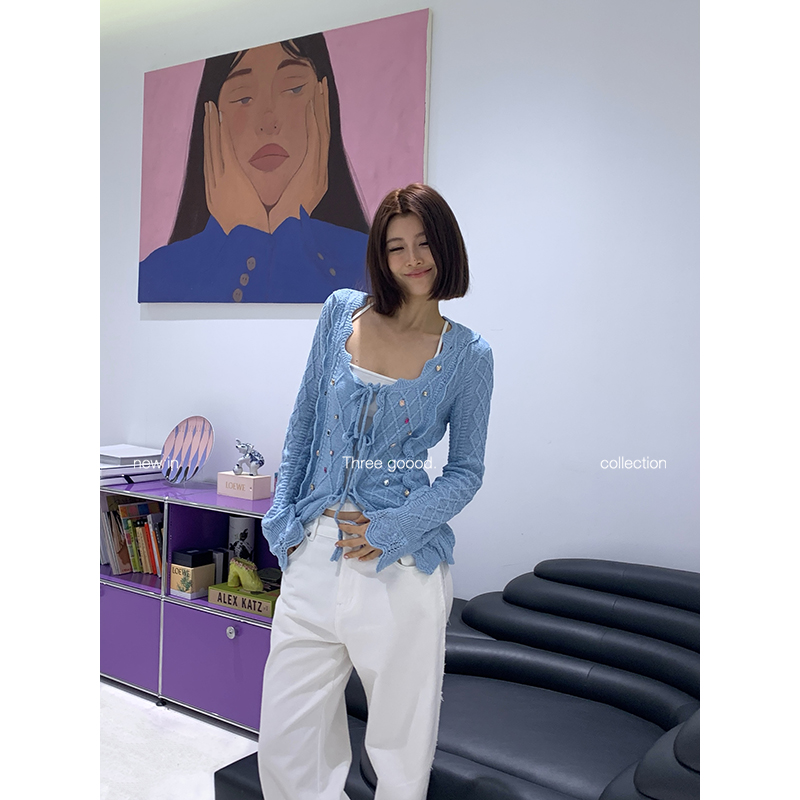 THREE GOOOD殷三吉早春不规则绑带重工编制彩钻开衫上衣Y725S0018