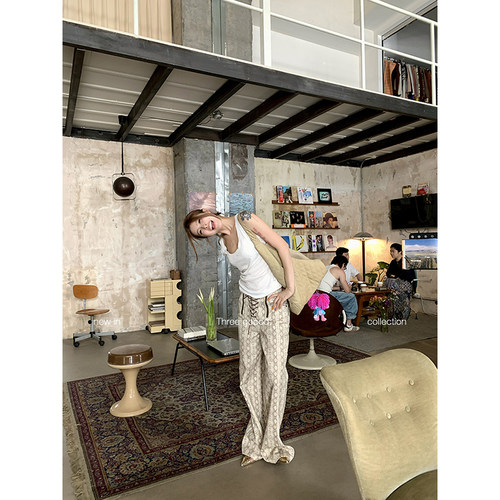 三吉印花绑带拉链设计直筒裤