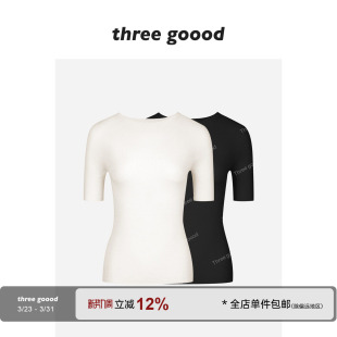 修身 THREE 羊毛打底衫 杨子纱一字肩中袖 针织上衣 GOOOD殷三吉