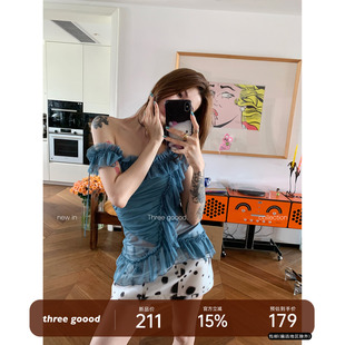 THREE GOOOD殷三吉 荷叶边斜肩上衣收腰显瘦系带吊带T恤时尚女款