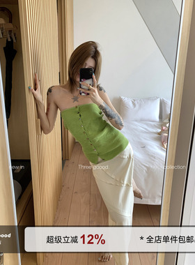 THREE GOOOD殷三吉莱赛尔亚麻多抽条拼接半裙 直筒开衩松弛半身裙