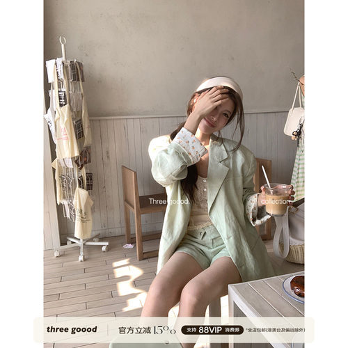 THREE GOOOD殷三吉清新画卷亚麻长袖西装上衣短裤套装女Y725T0300