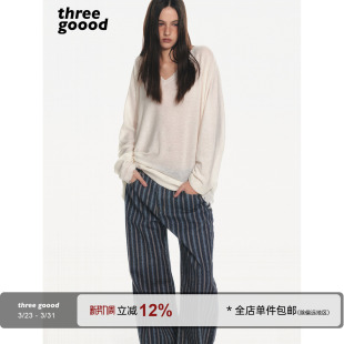 啃边V领羊毛针织套头衫 轻氧松弛 微透100羊毛 GOOOD殷三吉 THREE