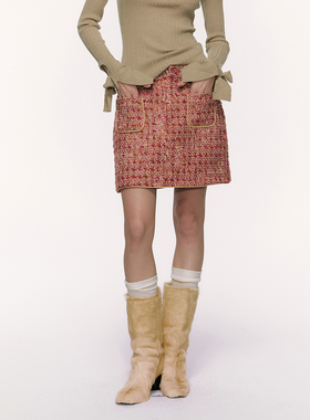 THREE GOOOD殷三吉D枫叶情诗甜美气质优雅风金边小香半裙 231132