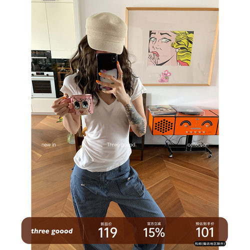 THREE GOOOD殷三吉 天丝莱赛尔弯刀显瘦毛边短袖T恤上衣