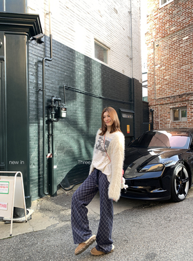 THREE GOOOD殷三吉 腰节拼接螺纹加厚蓝色针织格纹超模裤